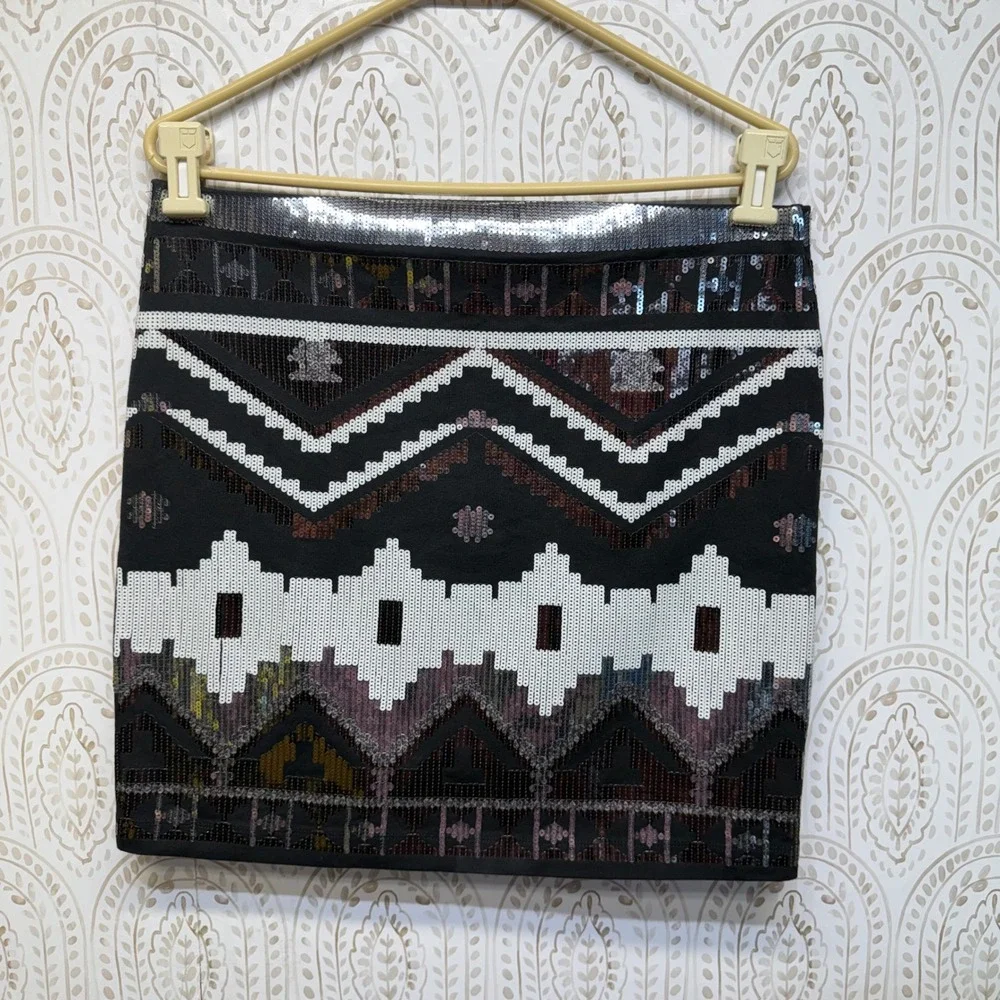 Express Sequin Tribal Mini Skirt Women Large Black Geometric Aztec Party Stretch